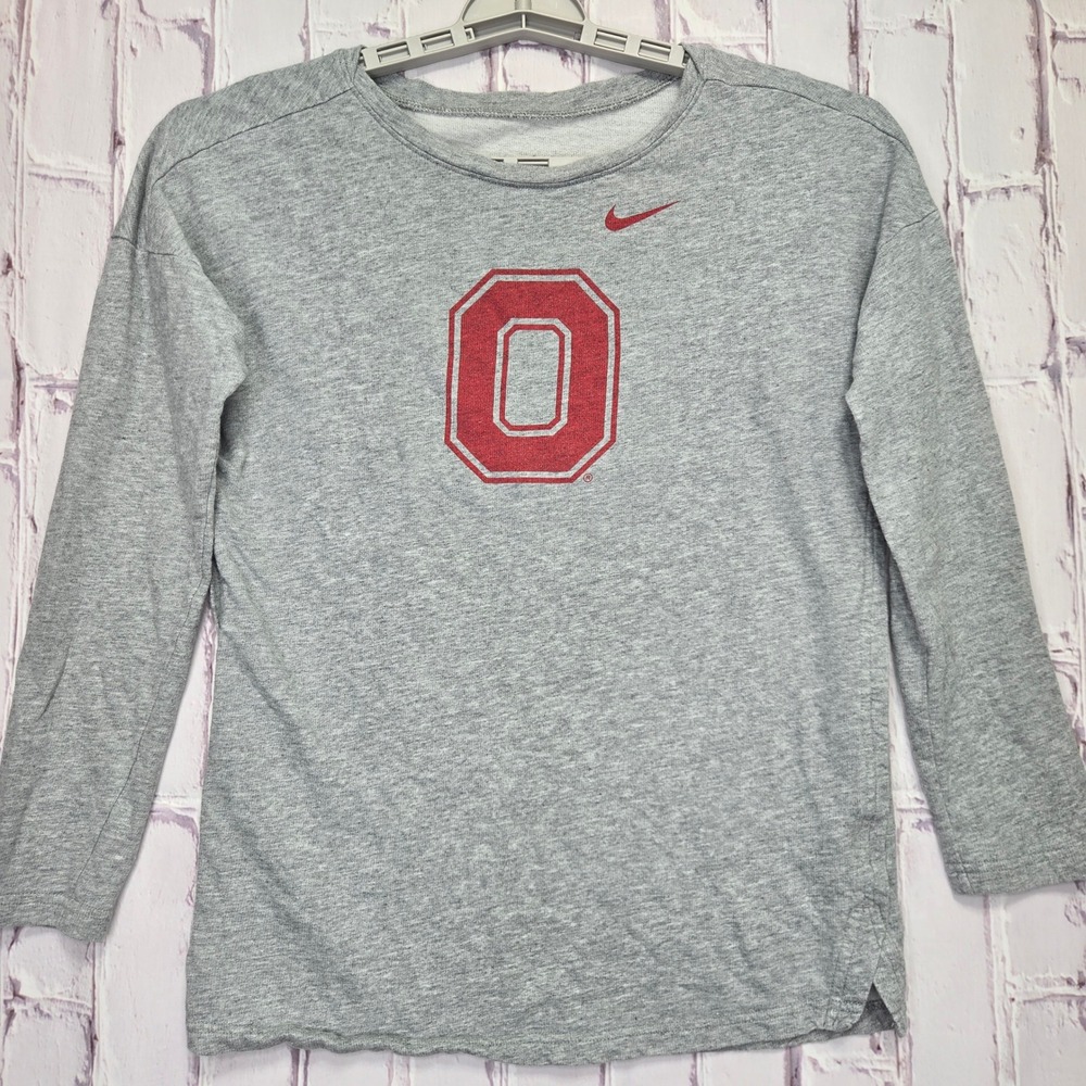 Nike Ohio State Buckeyes Football NCAA Gray L/S Block O Graphic Top Women S